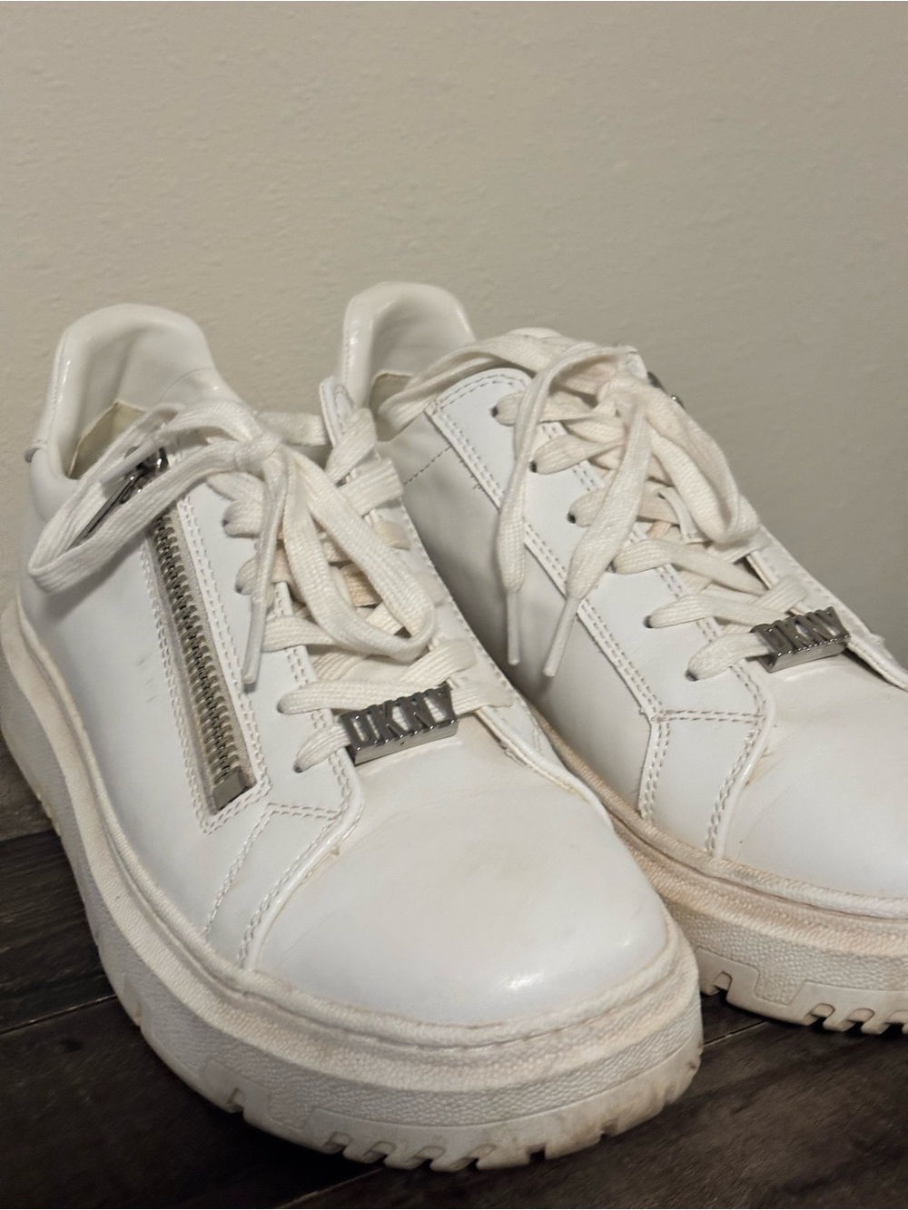 Donna Karen, New York White Platform Lace-Up Women's Sneakers with zippers.